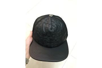 Chrome Hearts Cemetary Cross Leather Stitched Trucker Hat Black