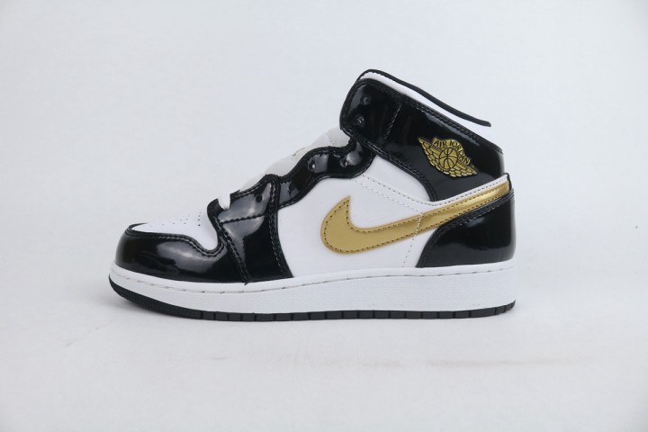  Jordan 1 Mid Patent Black White Gold